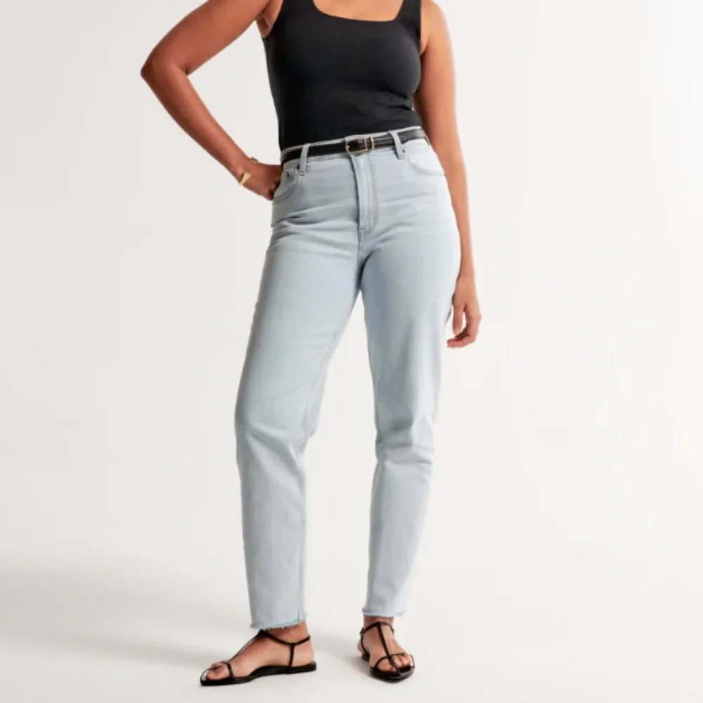 Abercrombie & Fitch Mom High Rise Jeans Womens 35 | 20R Blue Curve Love Raw Hem